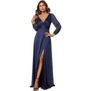 V-neck Long Sleeve Slit Hemline At Hem Solid Color Dress