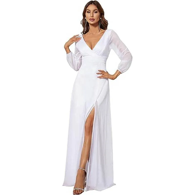 V-neck Long Sleeve Slit Hemline At Hem Solid Color Dress