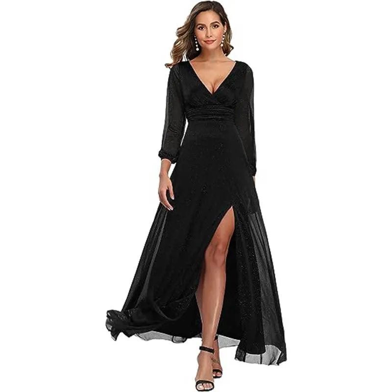 V-neck Long Sleeve Slit Hemline At Hem Solid Color Dress