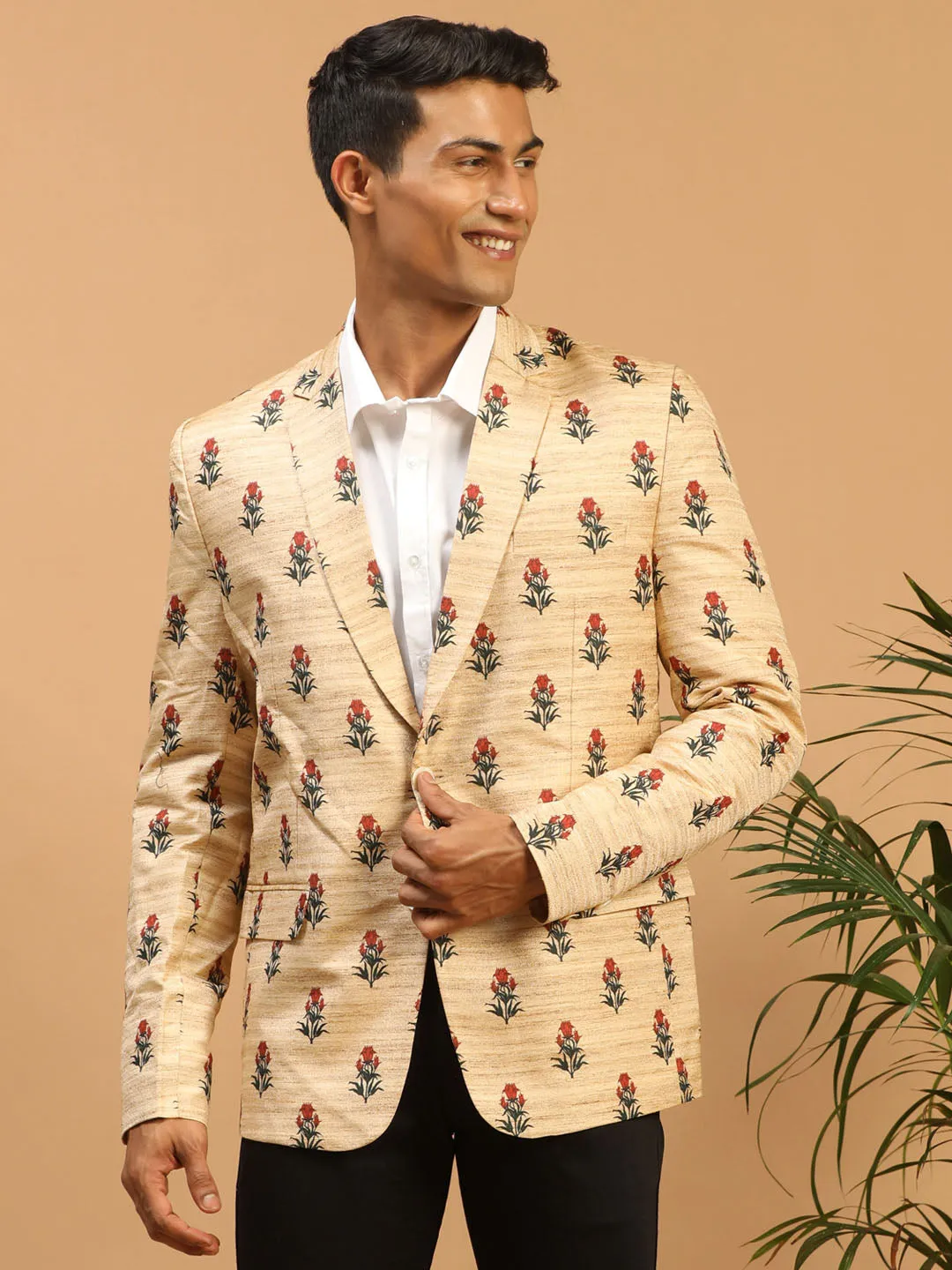 VASTRAMAY Men's Beige Silk Blend Printed Blazer