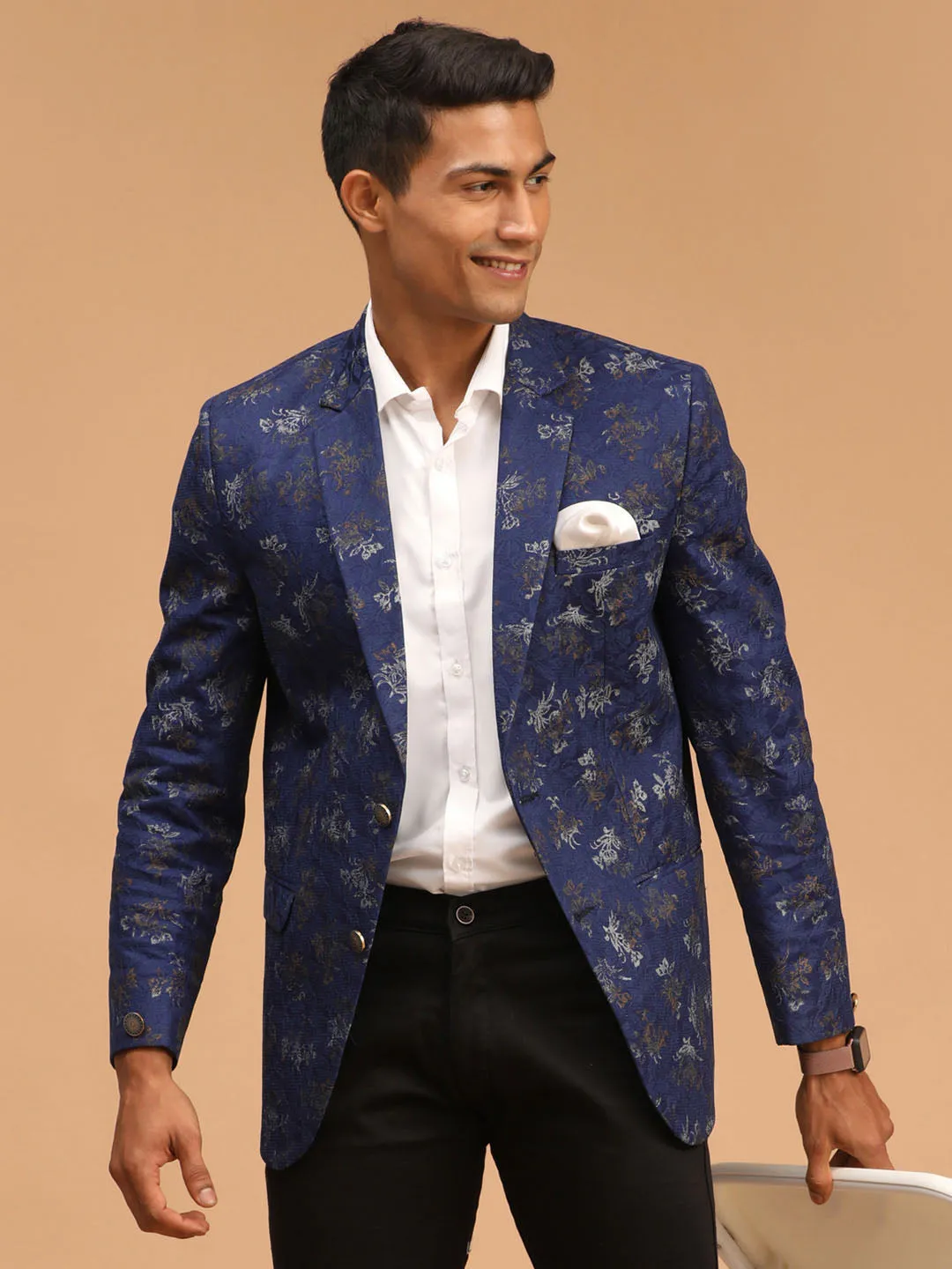 VASTRAMAY Navy Blue Printed Blazer