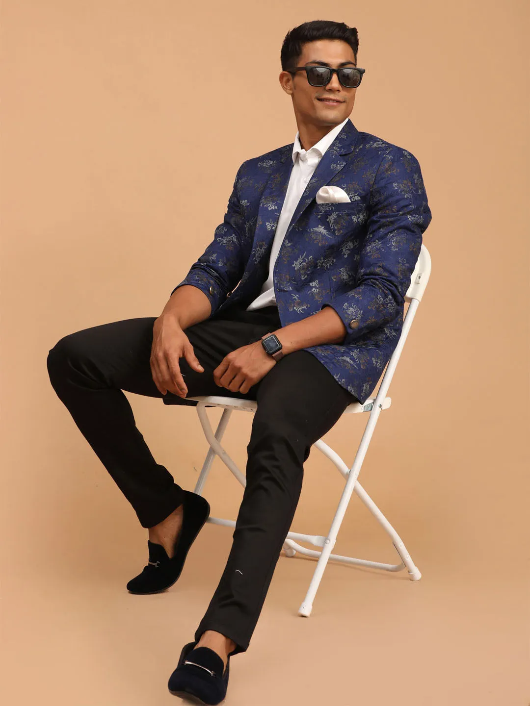 VASTRAMAY Navy Blue Printed Blazer