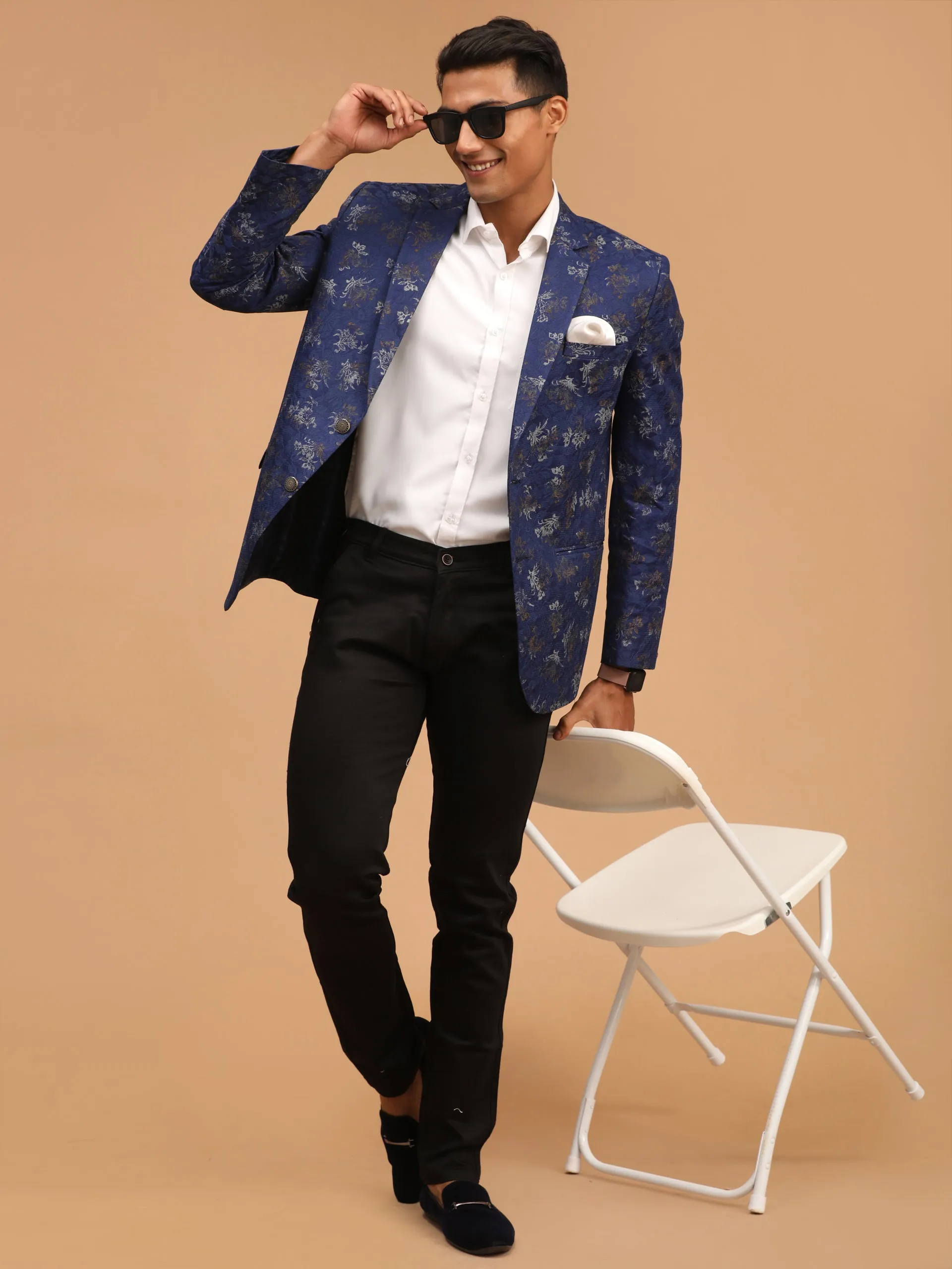 VASTRAMAY Navy Blue Printed Blazer