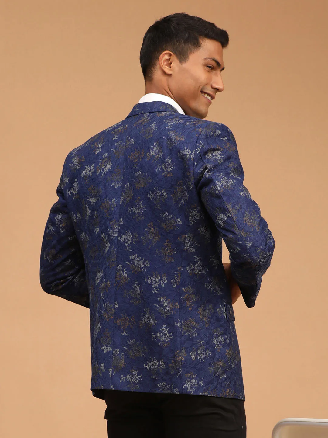 VASTRAMAY Navy Blue Printed Blazer