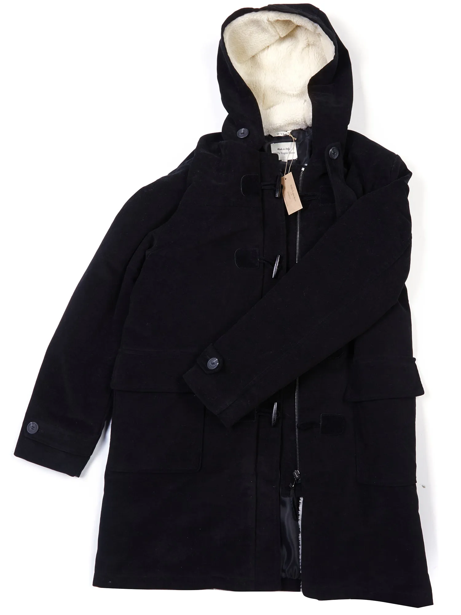 Vegan Wool Duffle Coat with Recycled Vegan Shearling