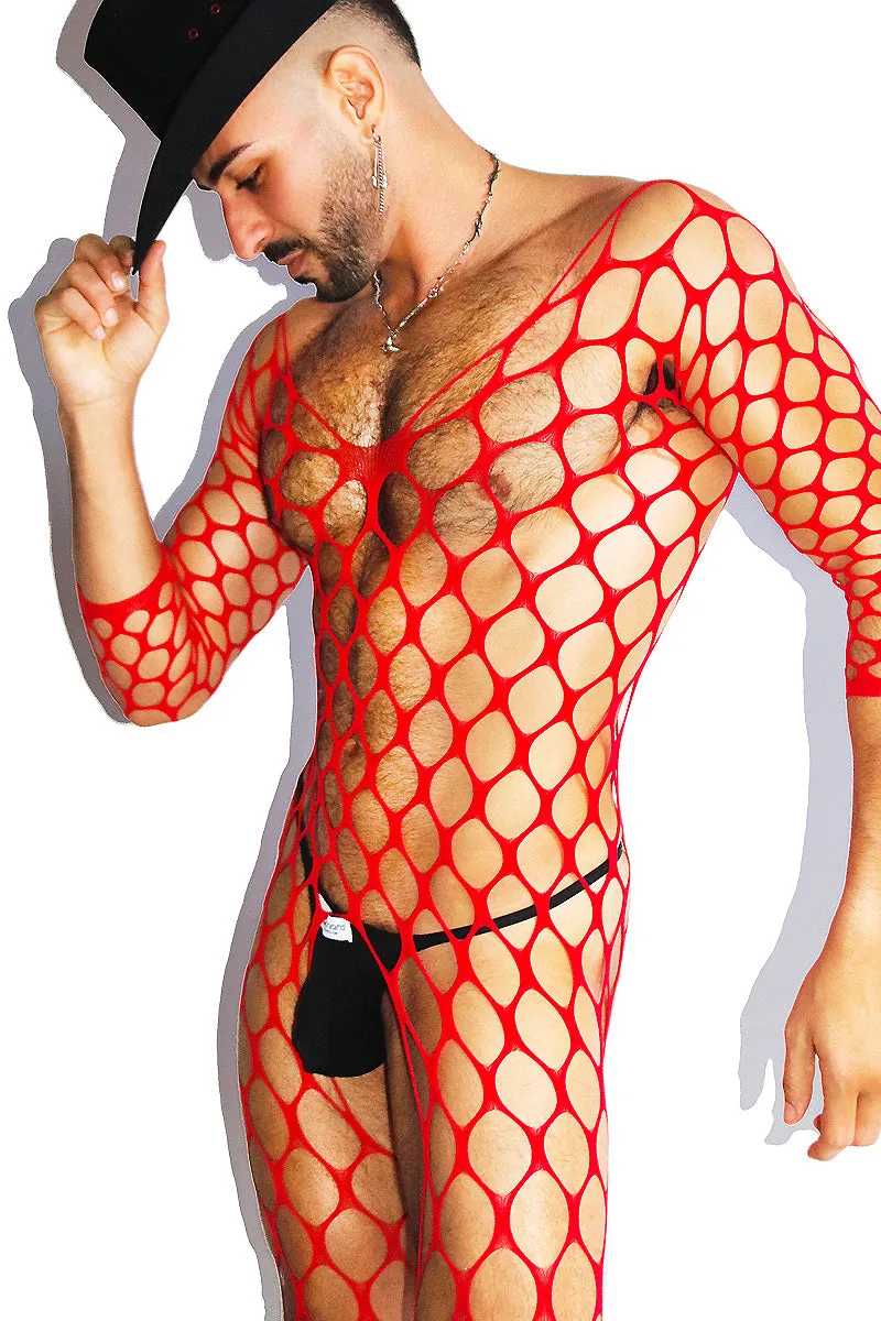 Very Wide Open Fishnet Tights- Red