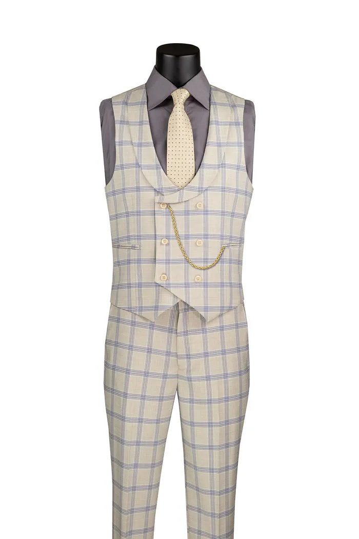 Vinci Modern Fit Windowpane Suit 3 Piece with U-Neck Vest Light Beige MV2W-5