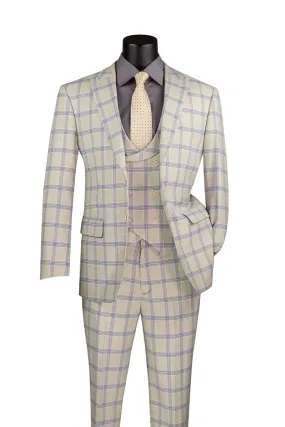 Vinci Modern Fit Windowpane Suit 3 Piece with U-Neck Vest Light Beige MV2W-5