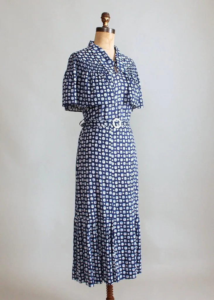 Vintage 1930s Blue Floral Cape Sleeve Day Dress