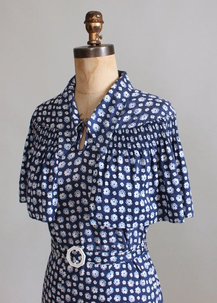 Vintage 1930s Blue Floral Cape Sleeve Day Dress