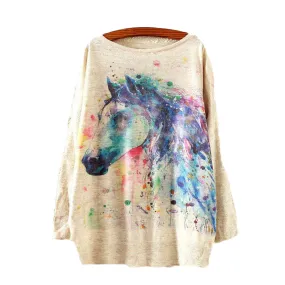 Watercolor Horse Printed Knitted Long Sleeve