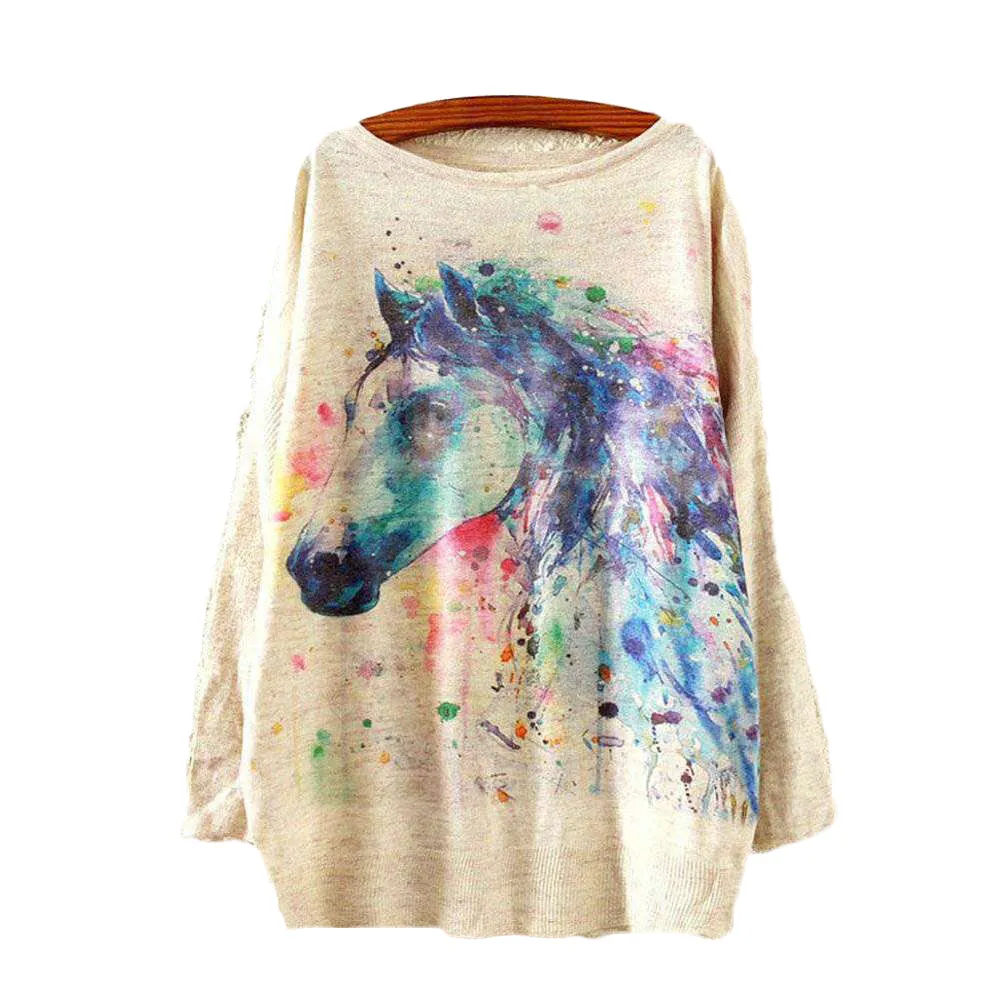 Watercolor Horse Printed Knitted Long Sleeve