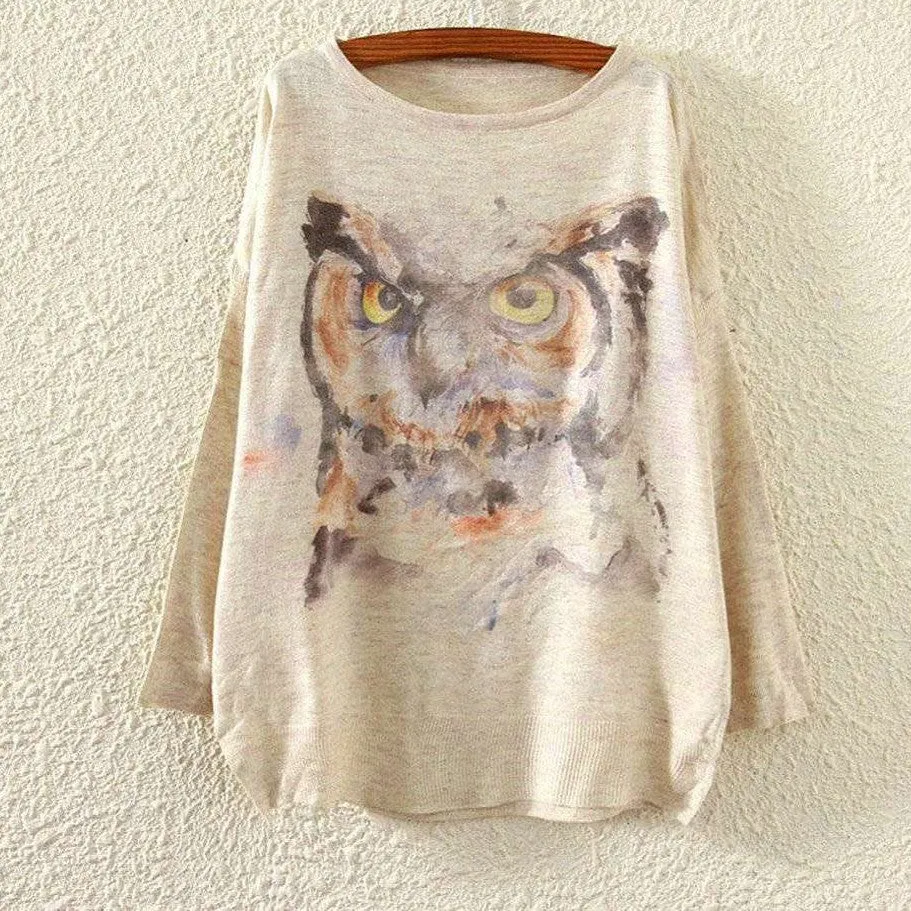 Watercolor Owl Printed Knitted Long Sleeve