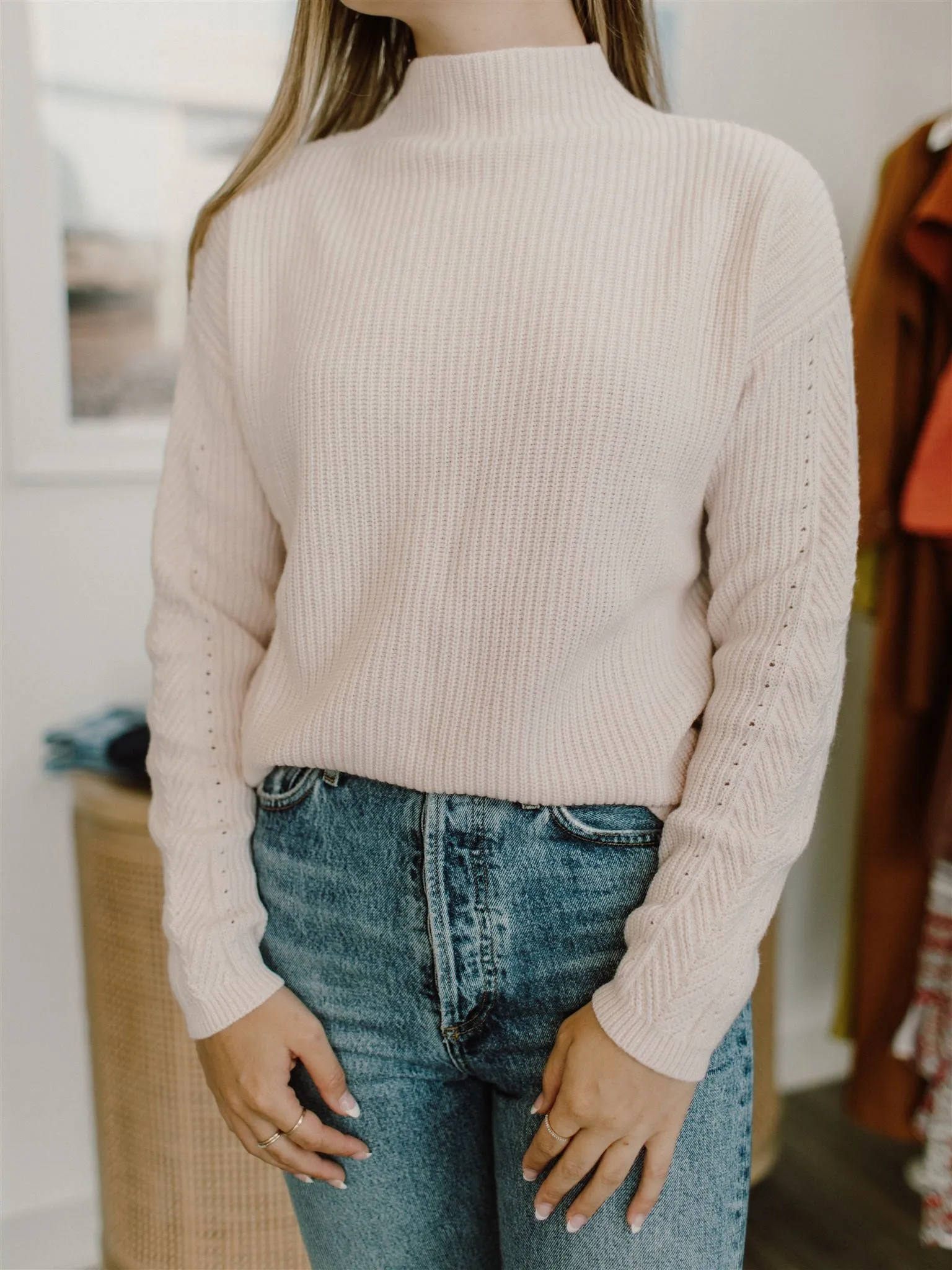 White   Warren - Sustainable Cotton Ribbed Mock Neck Sweater in Champagne Pink