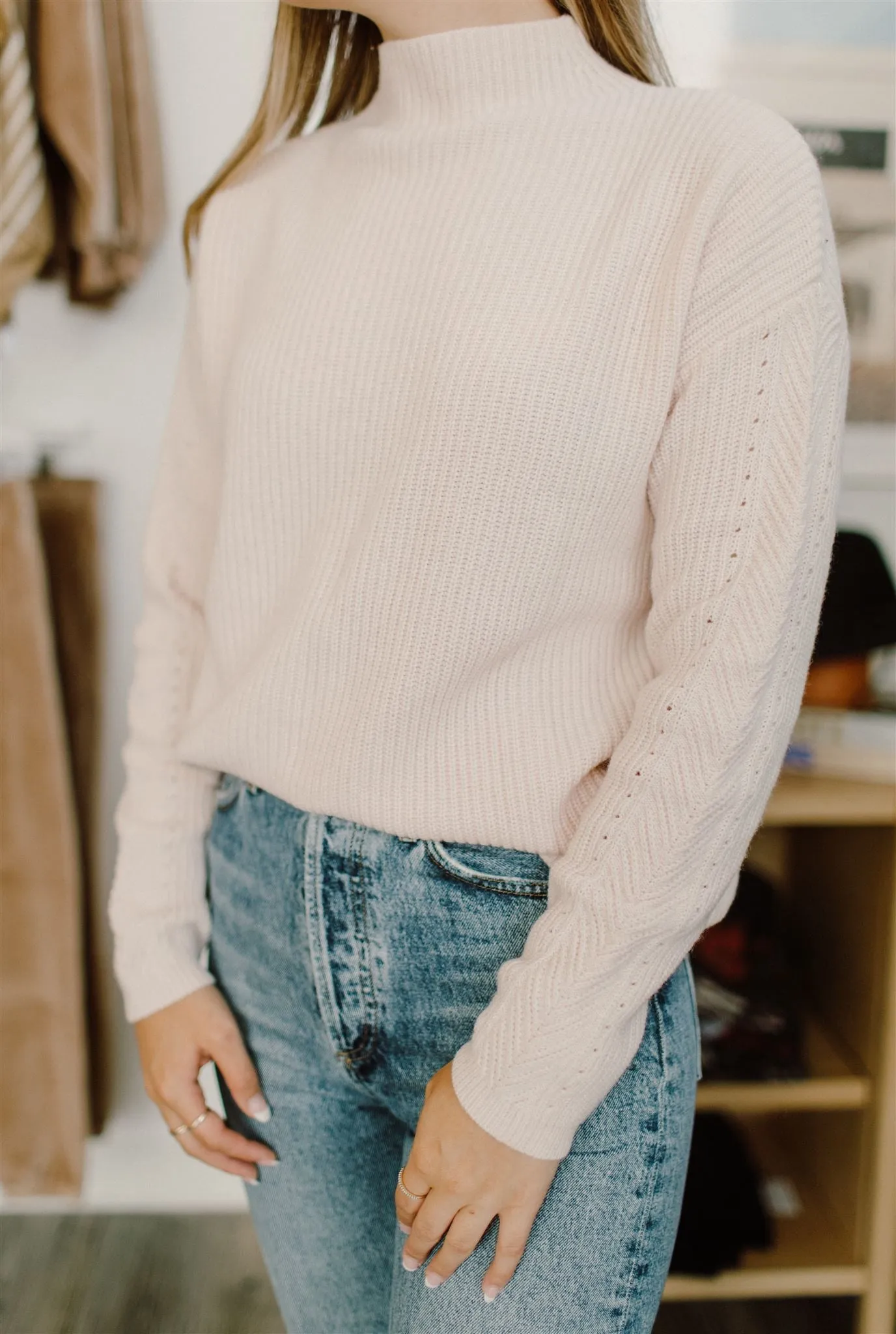 White   Warren - Sustainable Cotton Ribbed Mock Neck Sweater in Champagne Pink