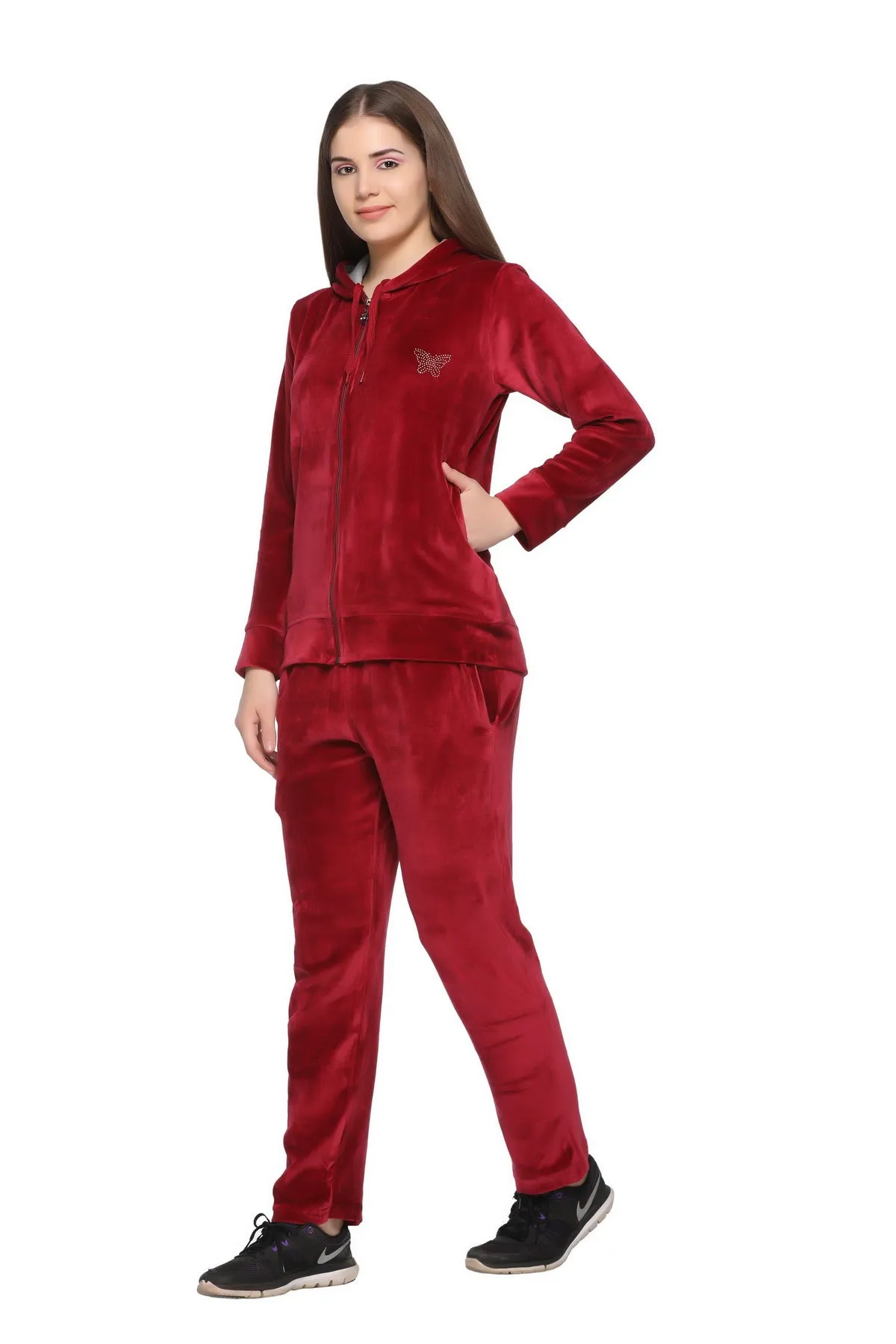 Winter Cotton Velvet Tracksuit For Women - Maroon