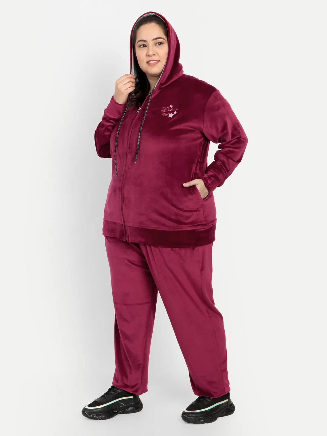 Winter Cotton Velvet Tracksuit For Women - Maroon