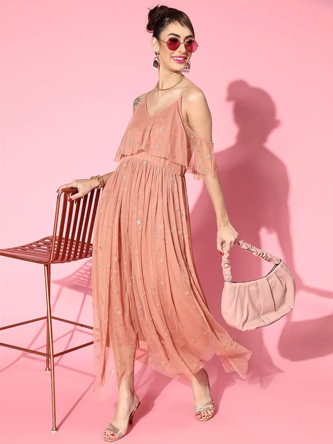 Women Dusty Pink Cold Shoulder Strappy Mesh Lurex Maxi Dress