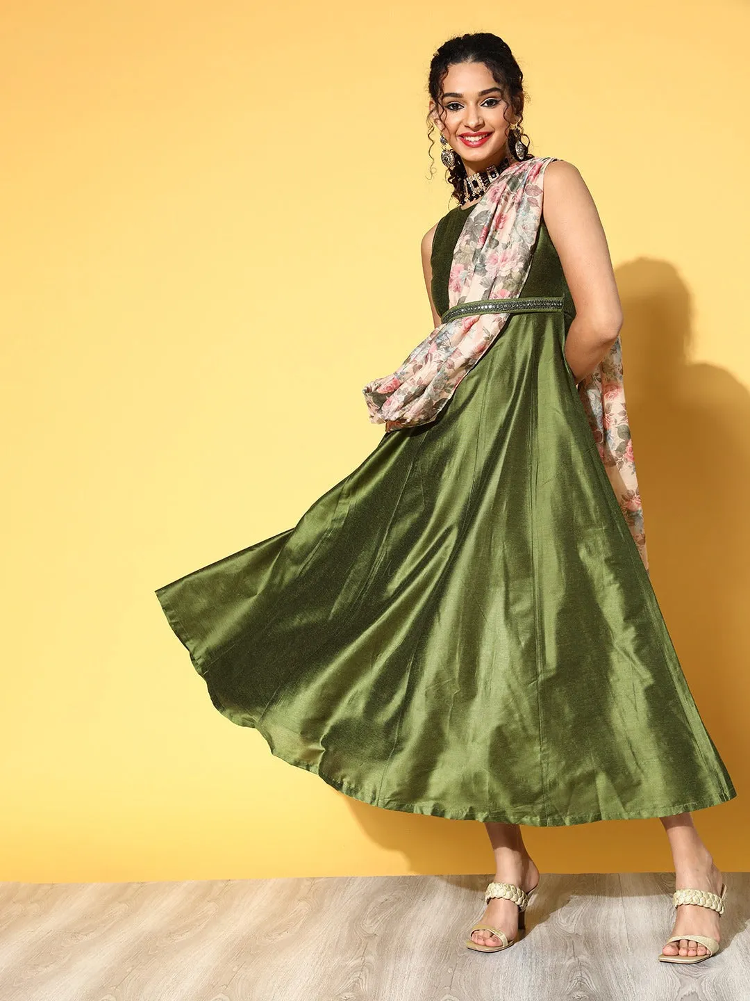 Women Olive Anarkali Maxi With Beige Floral Drape Dupatta