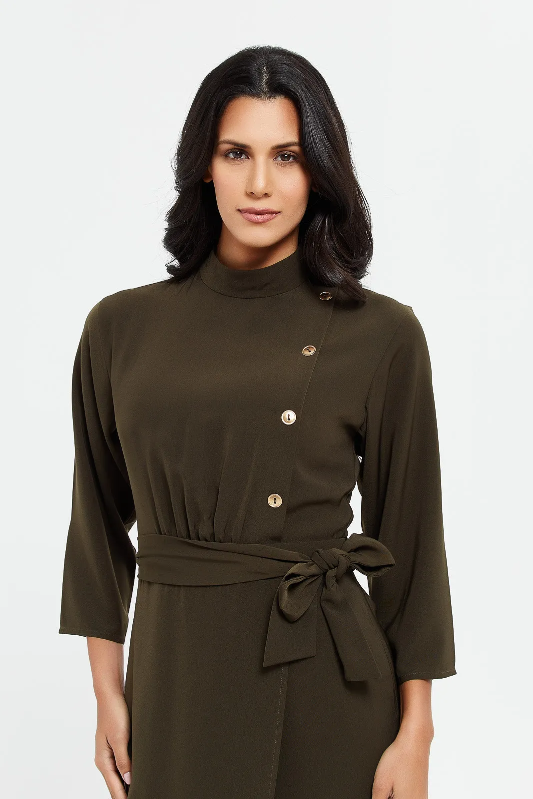 Women Olive High Neck Belted Dress