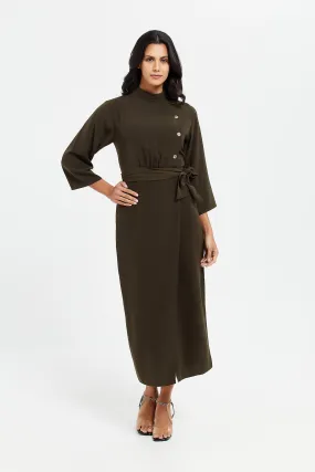 Women Olive High Neck Belted Dress