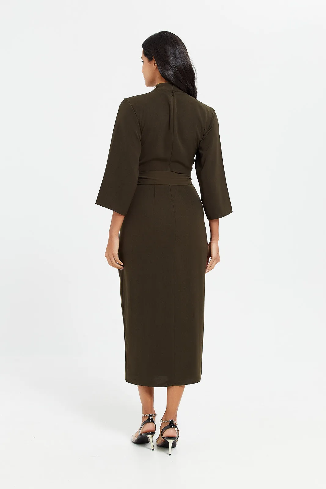 Women Olive High Neck Belted Dress