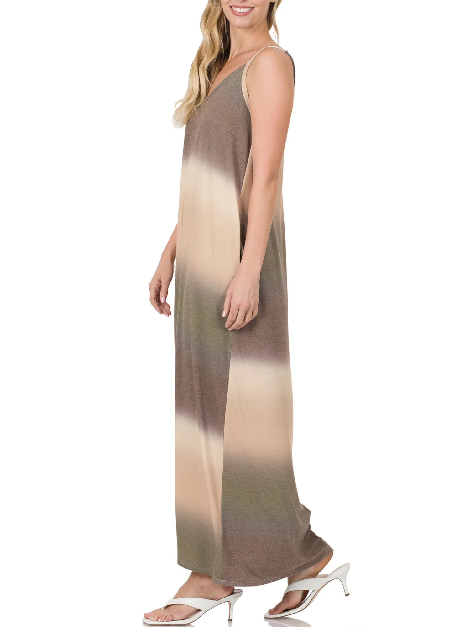 Womens Sleeveless V Neck Cami Maxi Dress with Adjustable Straps