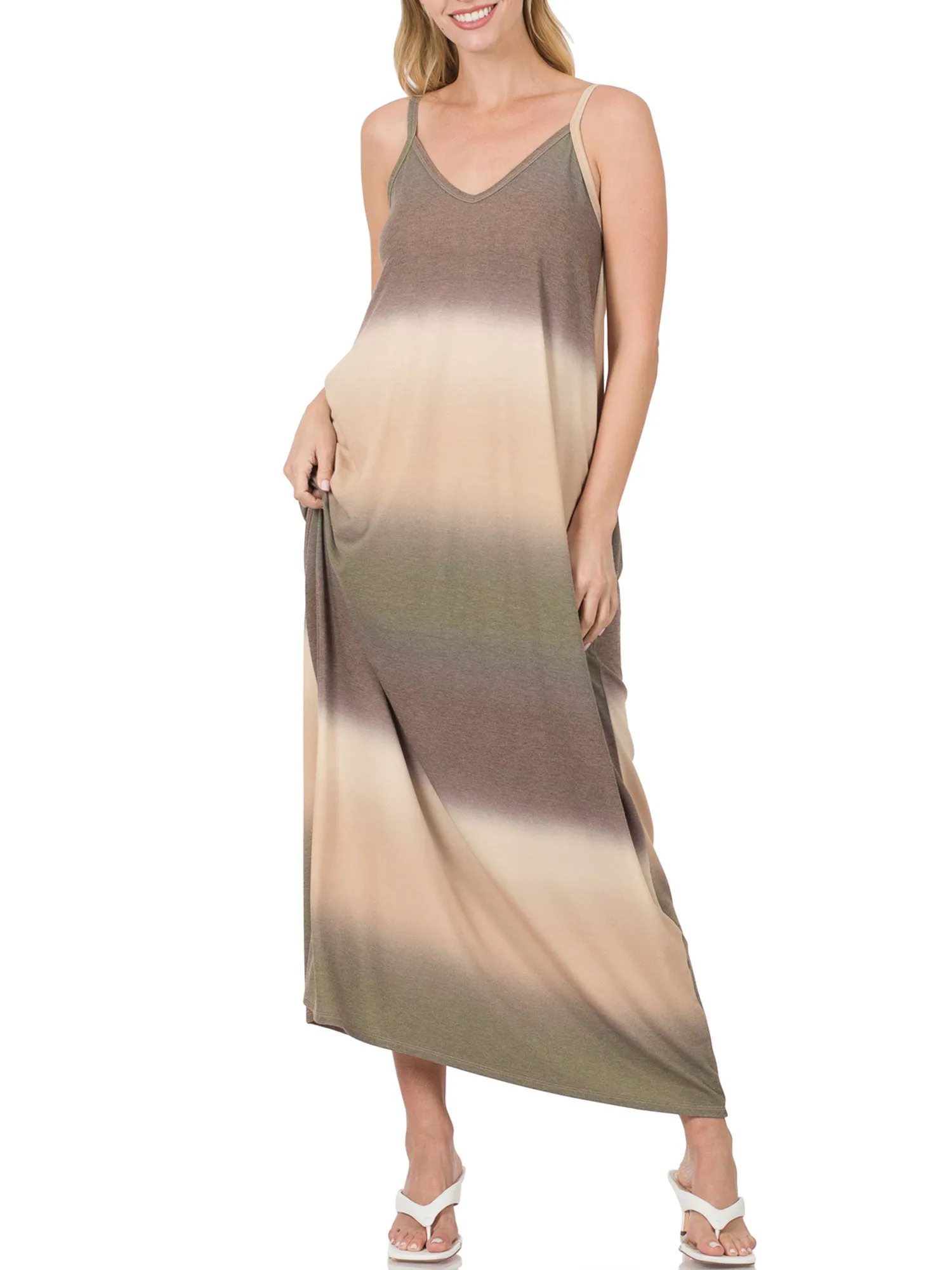 Womens Sleeveless V Neck Cami Maxi Dress with Adjustable Straps