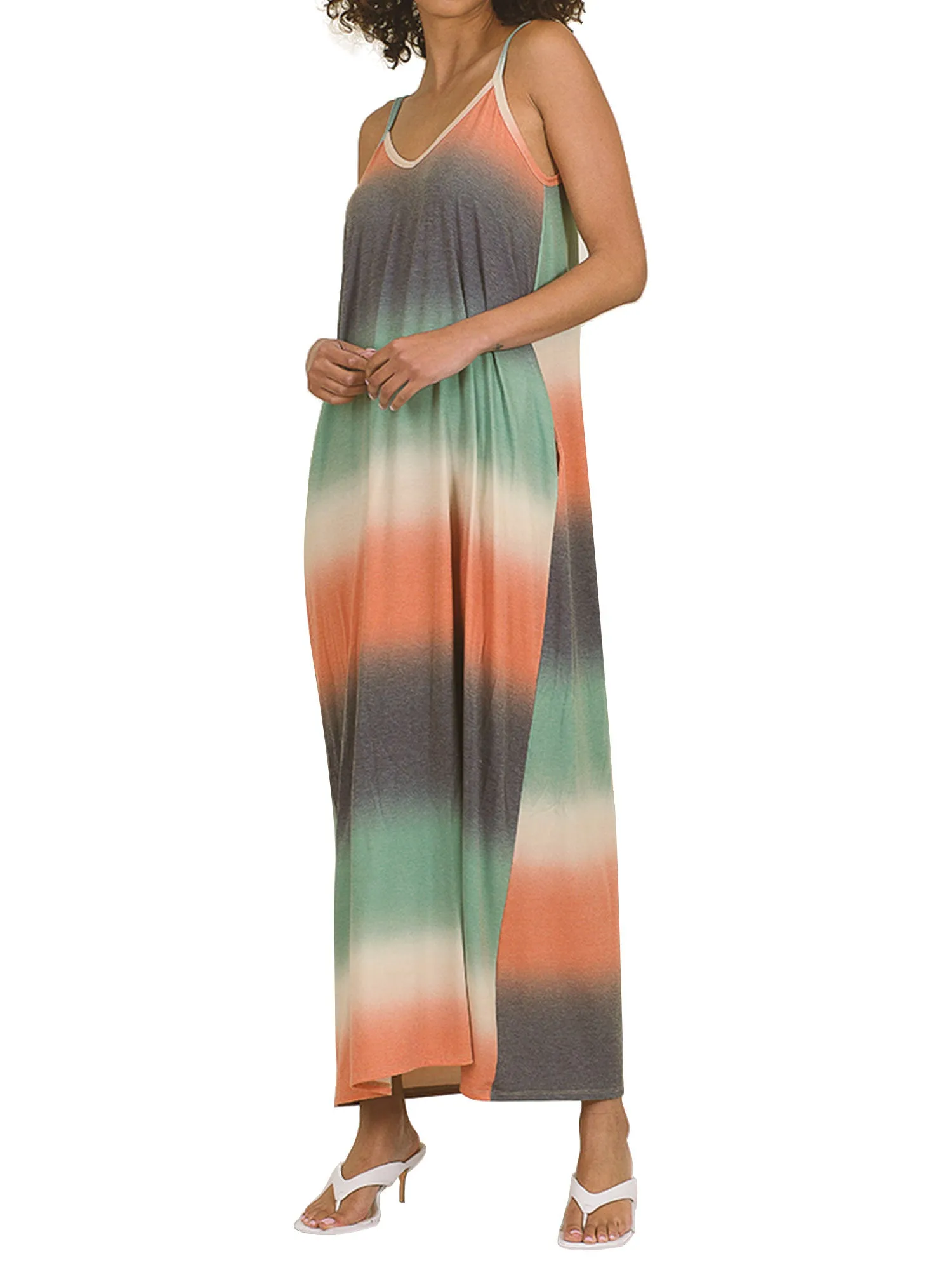 Womens Sleeveless V Neck Cami Maxi Dress with Adjustable Straps