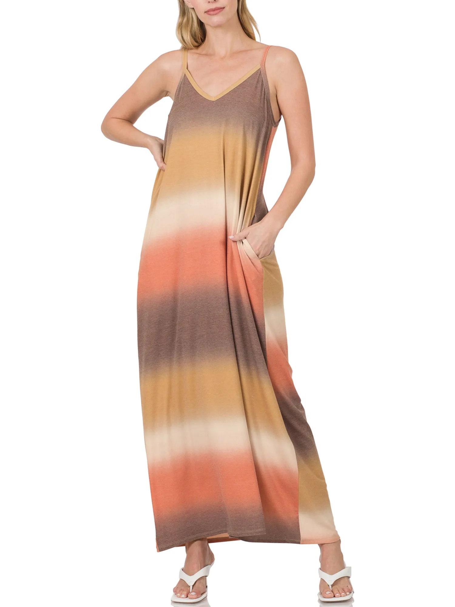 Womens Sleeveless V Neck Cami Maxi Dress with Adjustable Straps