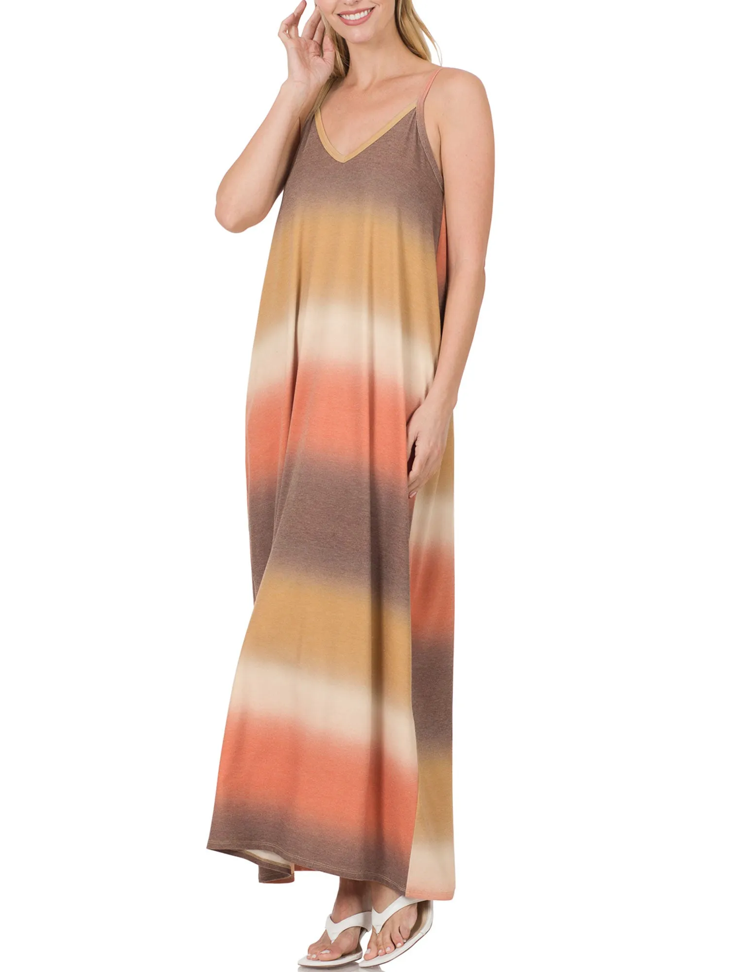 Womens Sleeveless V Neck Cami Maxi Dress with Adjustable Straps