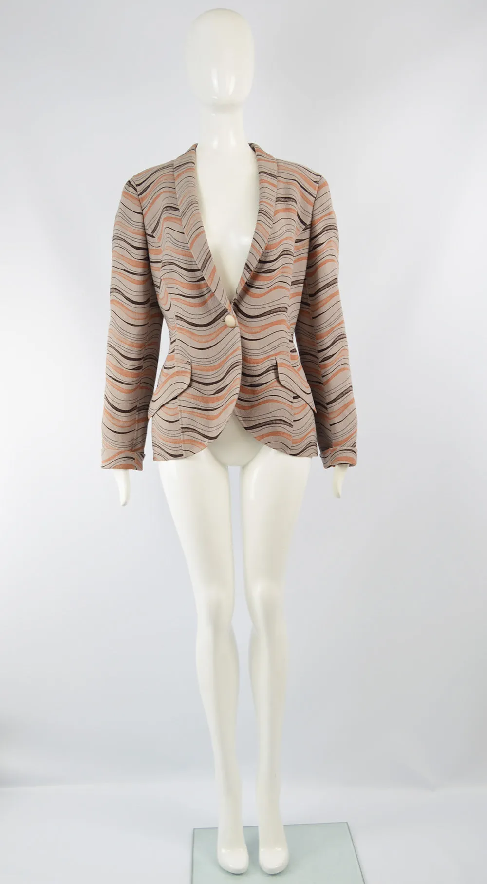 Womens Vintage Taupe & Orange Crepe Sculptural Blazer, 1980s