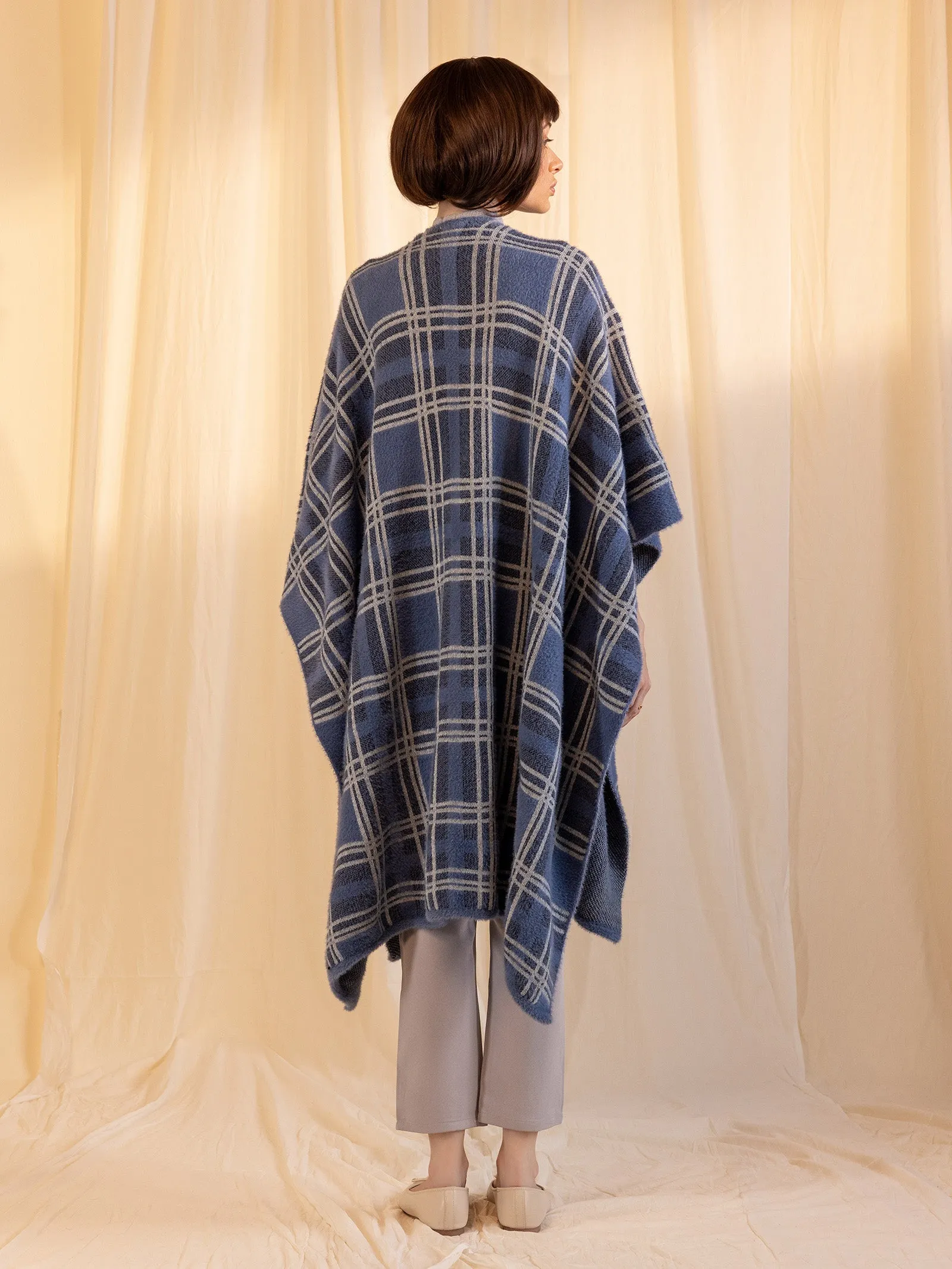 Woolen Reversible Check Cape Denim