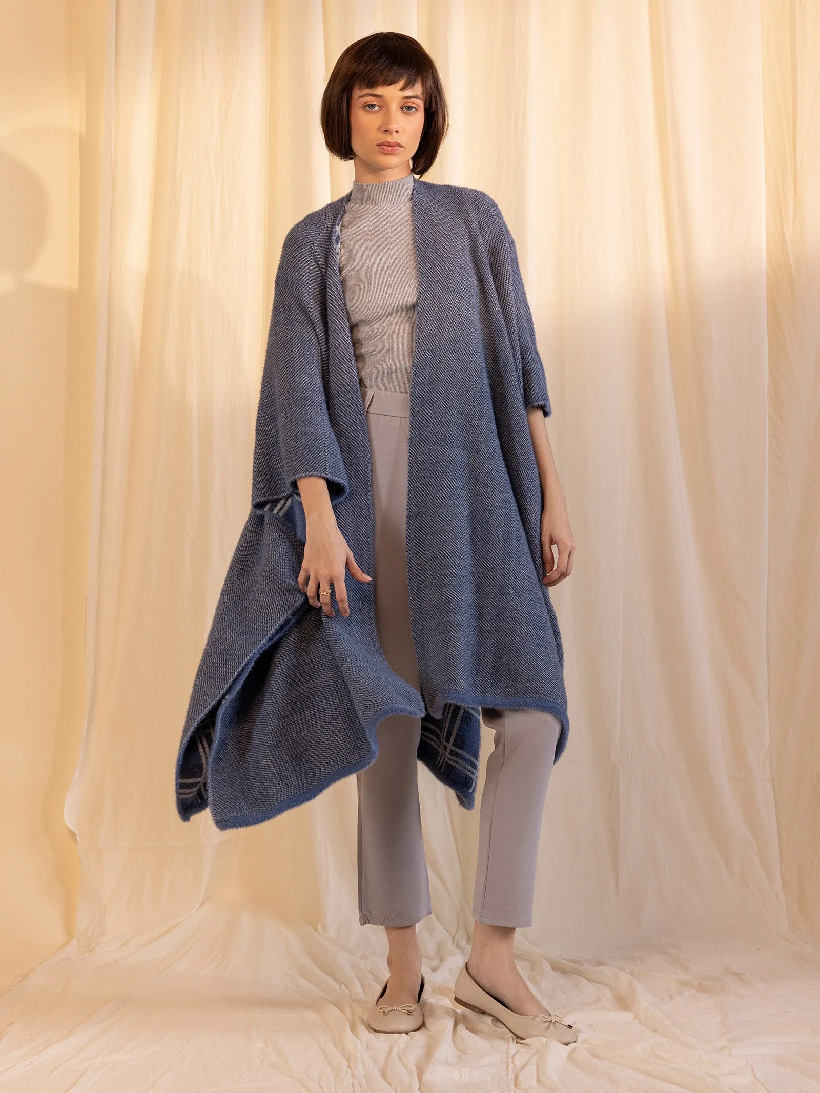 Woolen Reversible Check Cape Denim